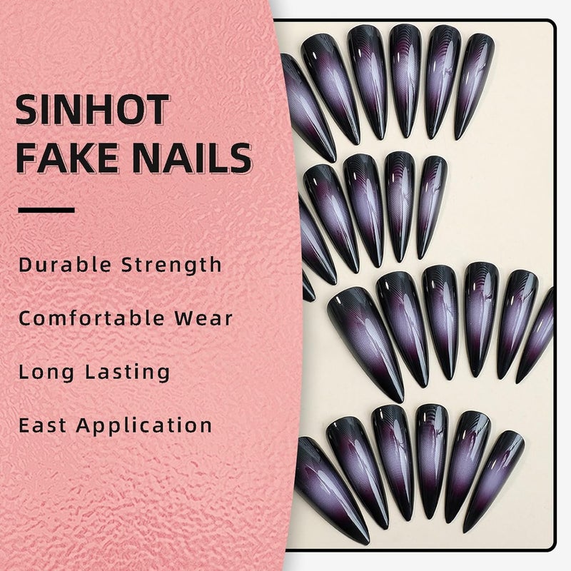 SINHOT Press on Nails Long Stiletto Fake Nails Glossy Glue on Nails Goth Black Acrylic Nail Sharp Almond Artificial Nail Purple Ombre Aura Stick on False Nail with Design 24 pcs - Image 5